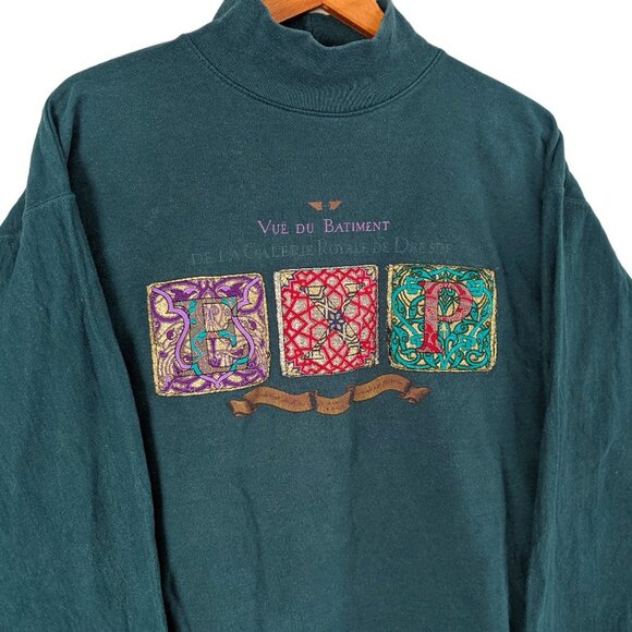 Vintage 90s Green Mock Neck Sweatshirt with Embroidered Tapestry Art 100% Cotton - Picture 11 of 11